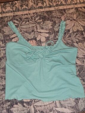 American Eagle Outfitters Aqua Ruched Front Tie Cami with Ruffled Straps